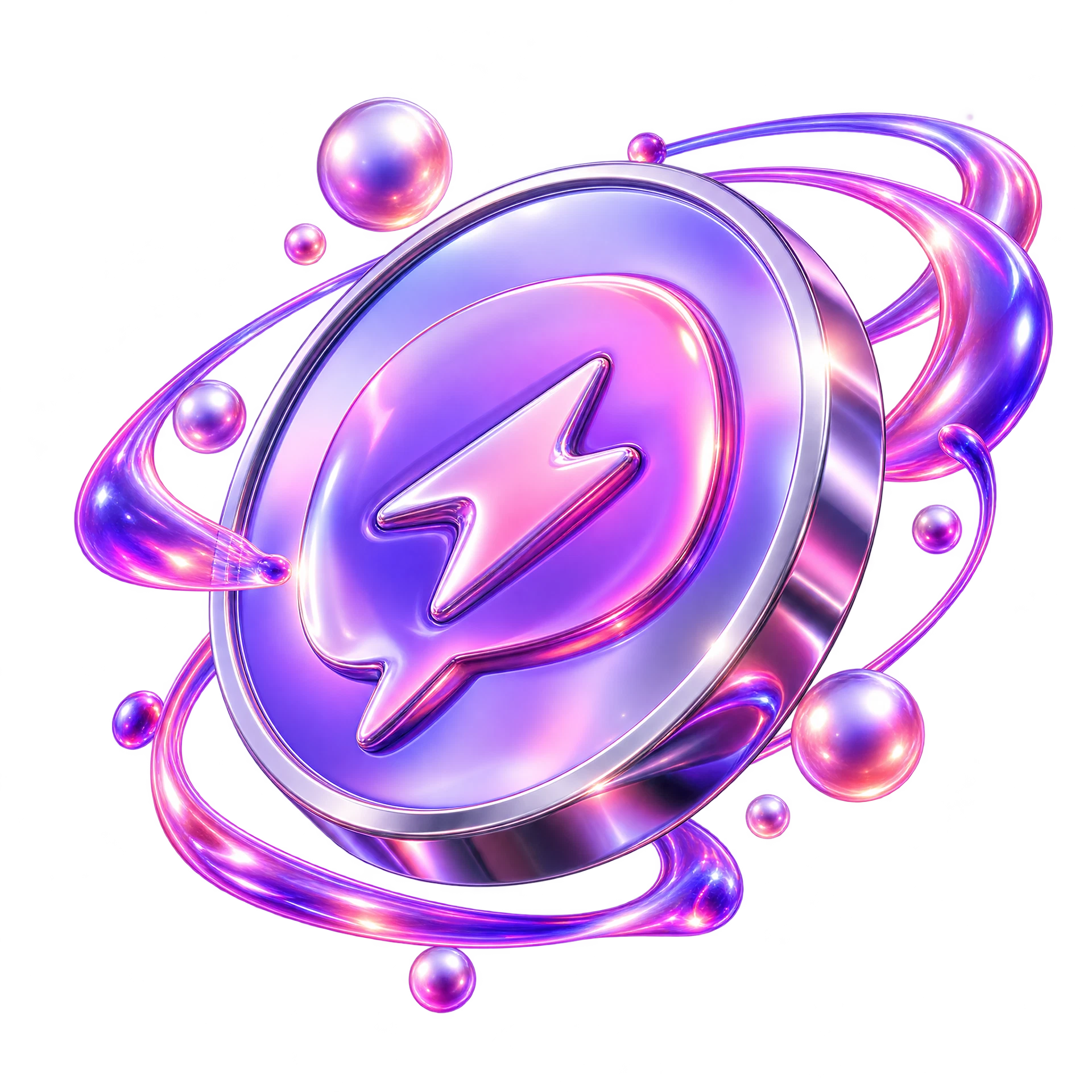 Sculptural Wazzapp chat coin surrounded by iridescent orbital ribbons